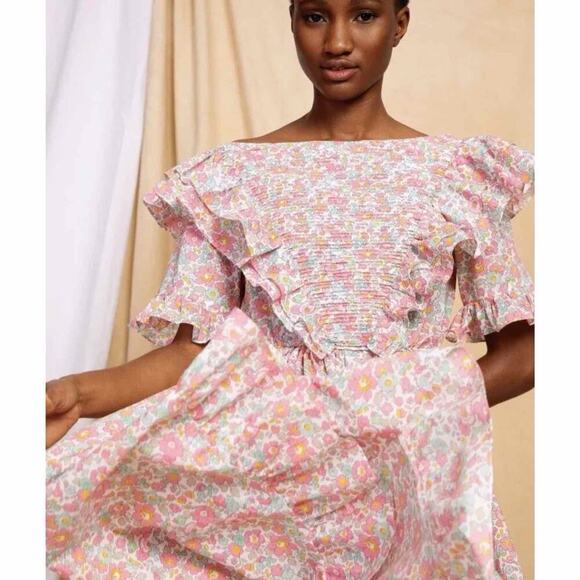 Horror Vacui Dorothy Ruffled Floral Cotton Poplin Midi Dress Size Medium - Picture 13 of 15